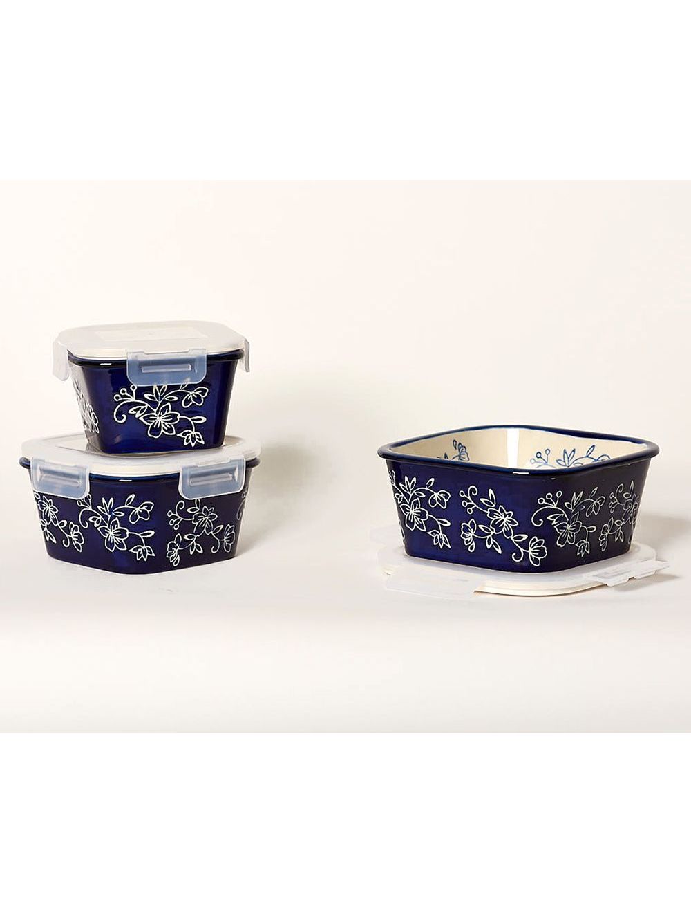 Temp-tations® Floral Lace Nesting Square Ceramic Containers with Lid - 3 Piece - Blue-T49058-011