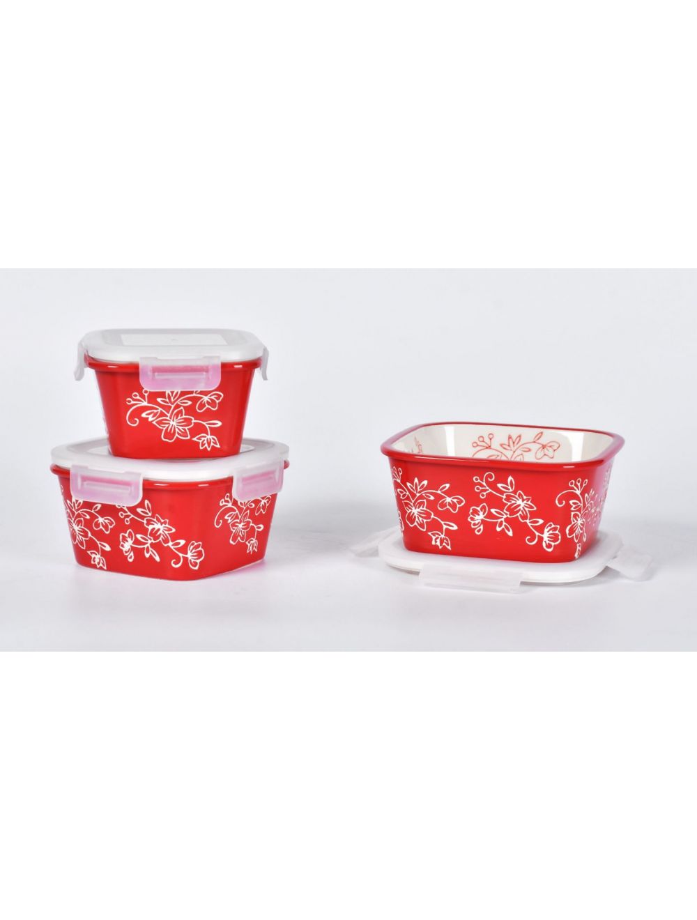 Temp-tations® Floral Lace Nesting Square Ceramic Containers with Lid - 3 Piece - Red-T49058-172