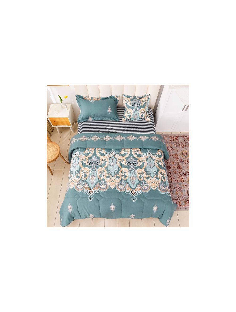 RISHAHOME 4-Piece Twin Size Comforter Set|1 Comforter + 1 Fitted Sheet + 1 Large Pillow Case + 1 Medium Pillow Case|Microfibre|Akaroa-AKACS0002