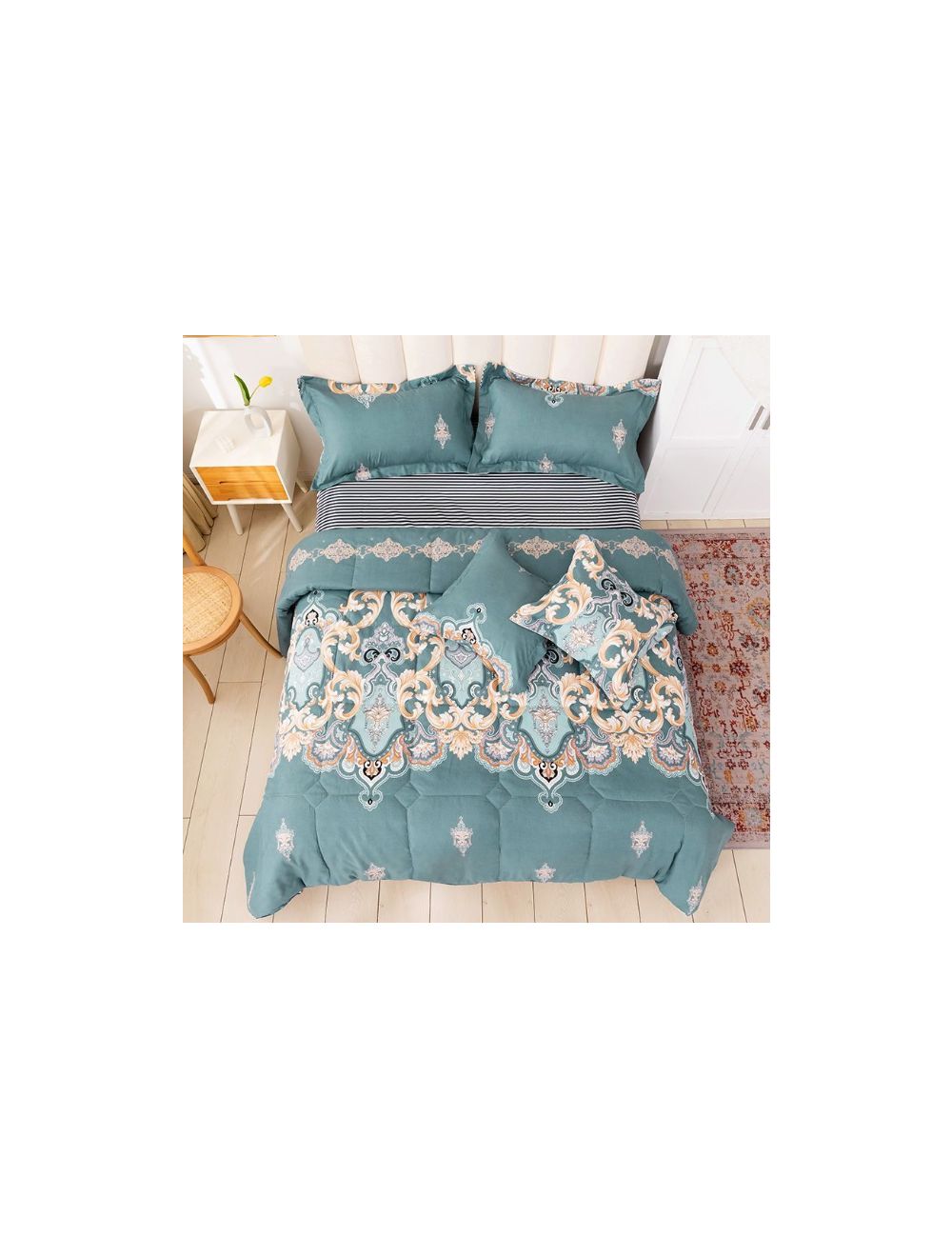 RISHAHOME 6-Piece King Size Comforter Set|1 Comforter + 1 Fitted Sheet + 2 Large Pillow Cases + 2 Medium Pillow Cases|Microfibre|Akaroa-AKACS0003