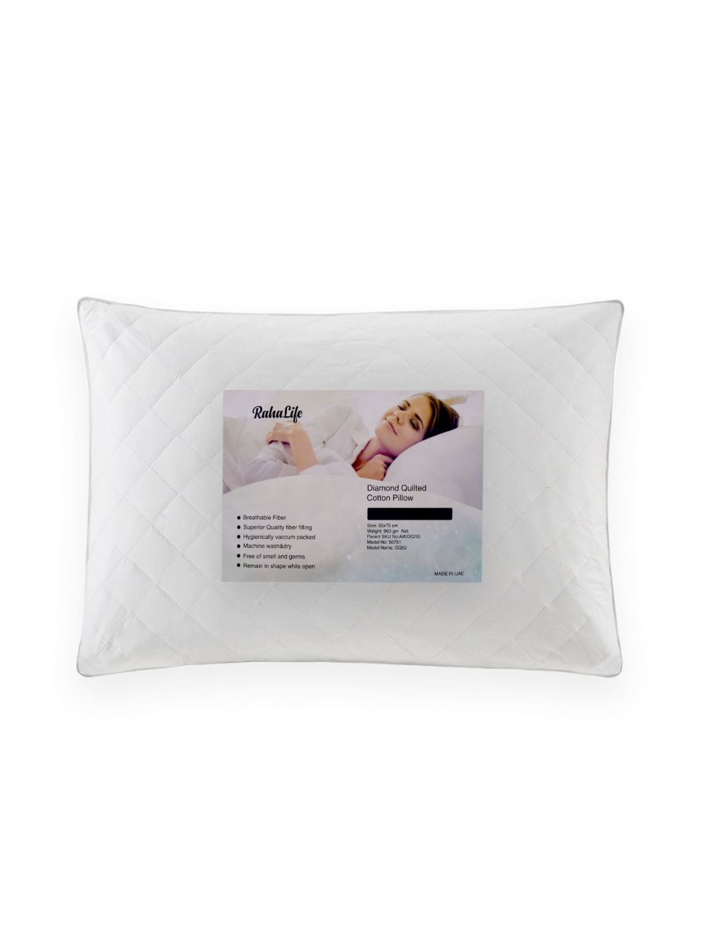 RahaLife Diamond Quilted Pillow Cotton White 50x75 CM-AW/DQ/50