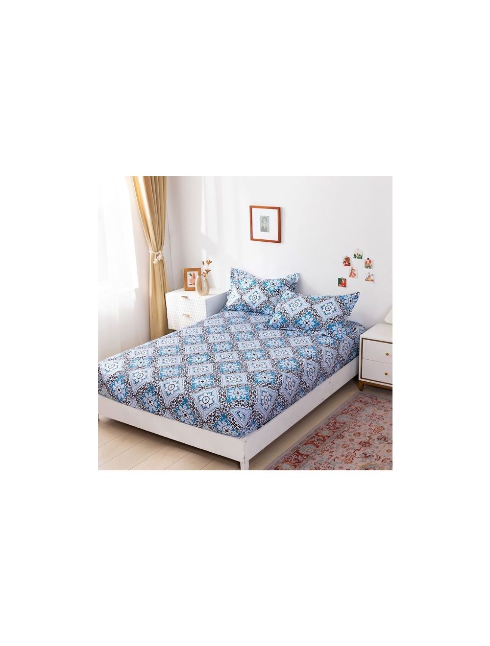 RISHAHOME 3-Piece King Size Printed Fitted Sheet Set|1 Fitted Sheet + 2 Pillow Cases|Microfibre|Oxford Blue-OXFBS0001