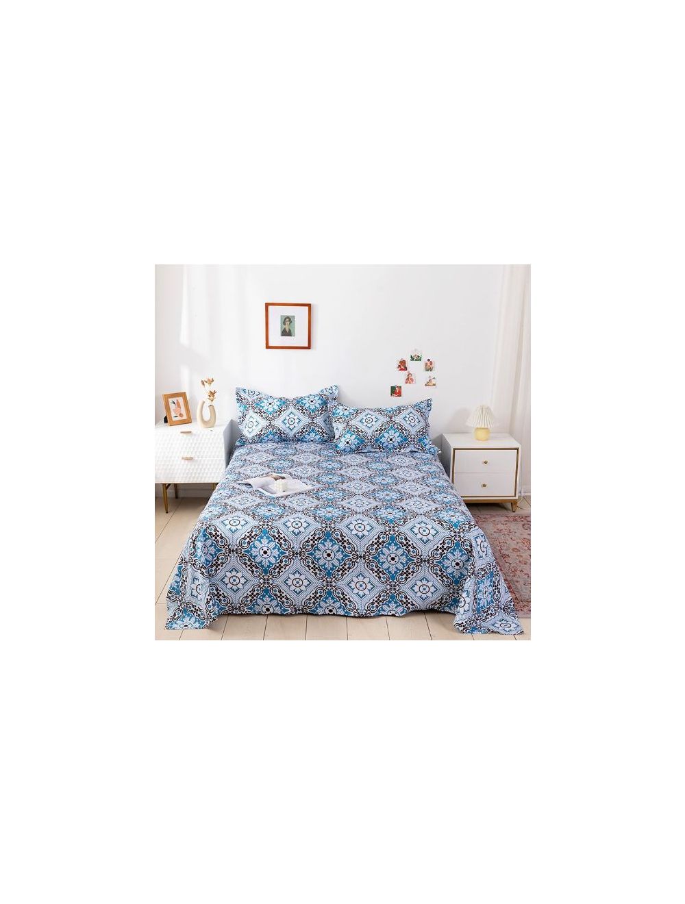 RISHAHOME 3-Piece King Size Printed Flat Sheet Set|1 Flat Sheet + 2 Pillow Cases|Microfibre|Oxford Blue-OXFBS0003