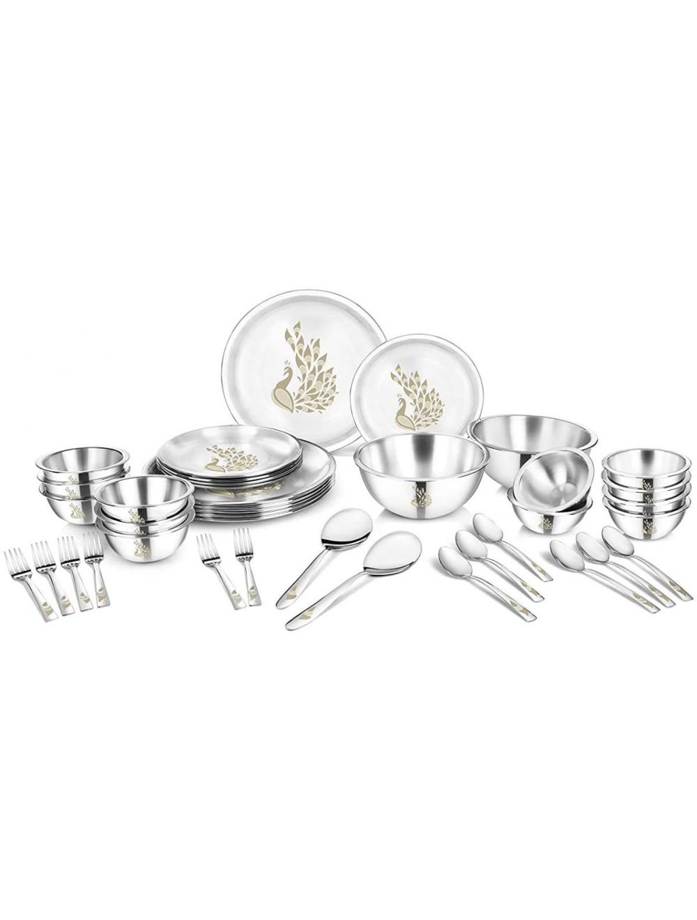 Classic Essentials 40 pcs Stainless Steel Double Walled with Permanent Peacock Laser Design Dinner Set
