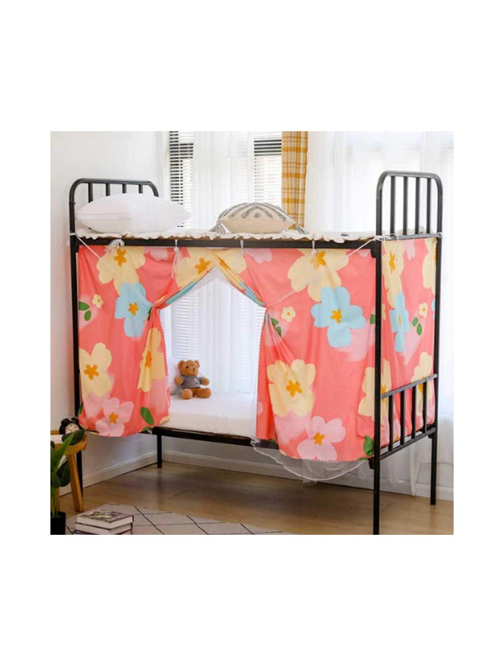 Deals for Less -Bed curtain for lower deck single bed, Flower design peach color-BC43-02