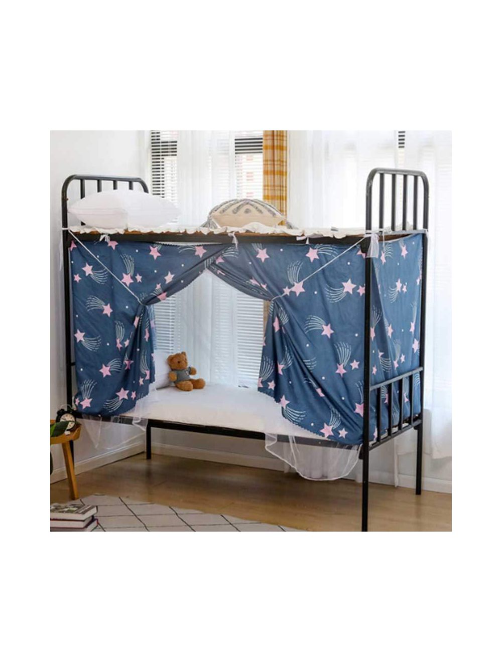 Deals for Less -Bed curtain for lower deck single bed, Star design denim blue color-BC43-03