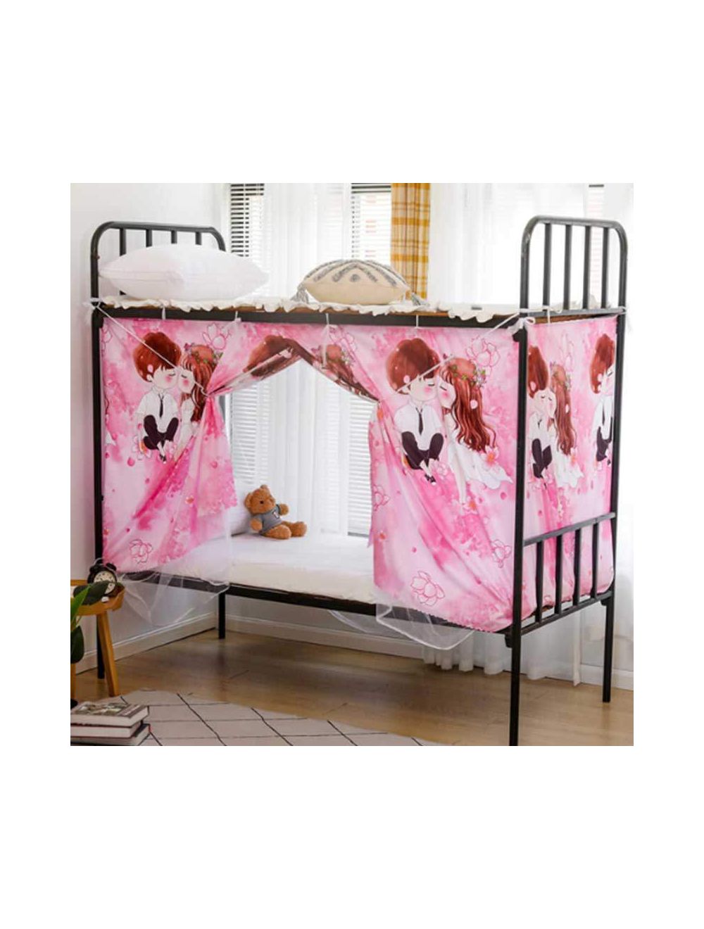 Deals for Less -Bed curtain for lower deck single bed, Cute couple design pink color-BC43-04
