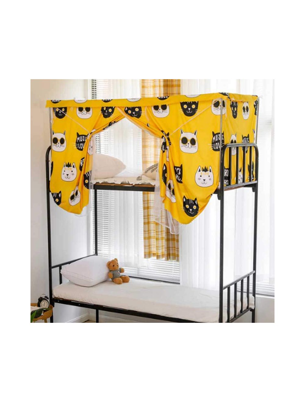 Deals for Less -Bed curtain & metal frame for upper deck single bed, Cute cat design yellow color-BCF43-01