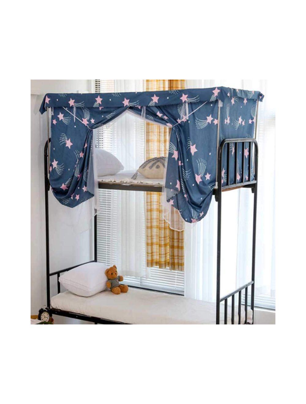 Deals for Less -Bed curtain & metal frame for upper deck single bed, Star design denim blue color-BCF43-03