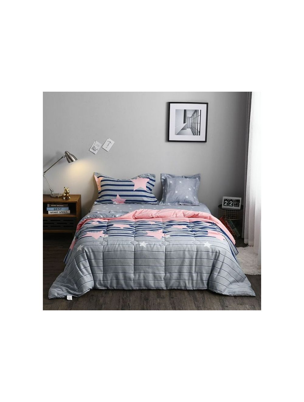 Rishahome 4 Piece Comforter Set (1 comforter+1 fitted sheet+ 1 Large pillow case+1 medium pillow case) Microfibre Blinking Starlight Single-BSSMH/04/86