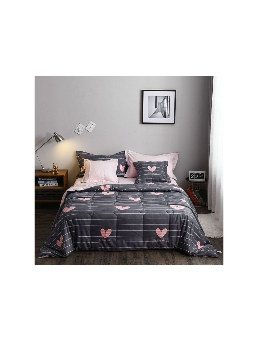 Rishahome 6 Piece Comforter Set (1 comforter+1 fitted sheet+ 2 Large pillow cases+2 medium pillow cases) Microfibre Pink Love King-PLKMH/06/70
