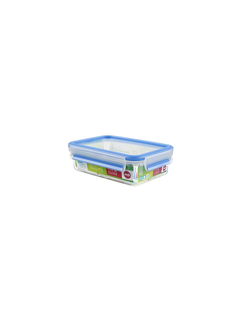 Clip and Close Rectangular Food Storage Container With Lid - Transparent/Blue 0.8L