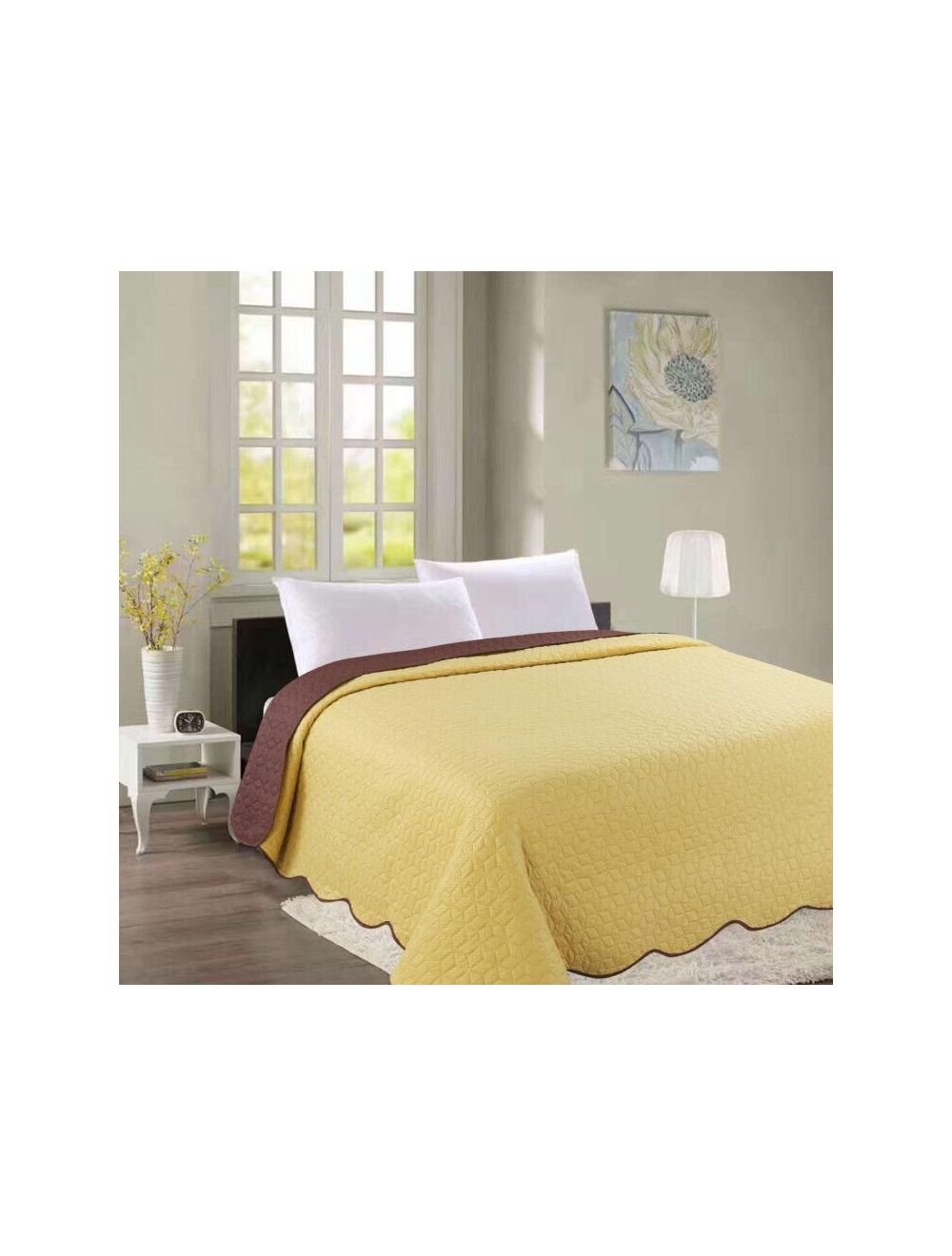 Rahalife 3 Piece Reversible Laser Quilted Bedspread/Quilt Set Polyester Yellow/Coffee King-RLBS/K3/26