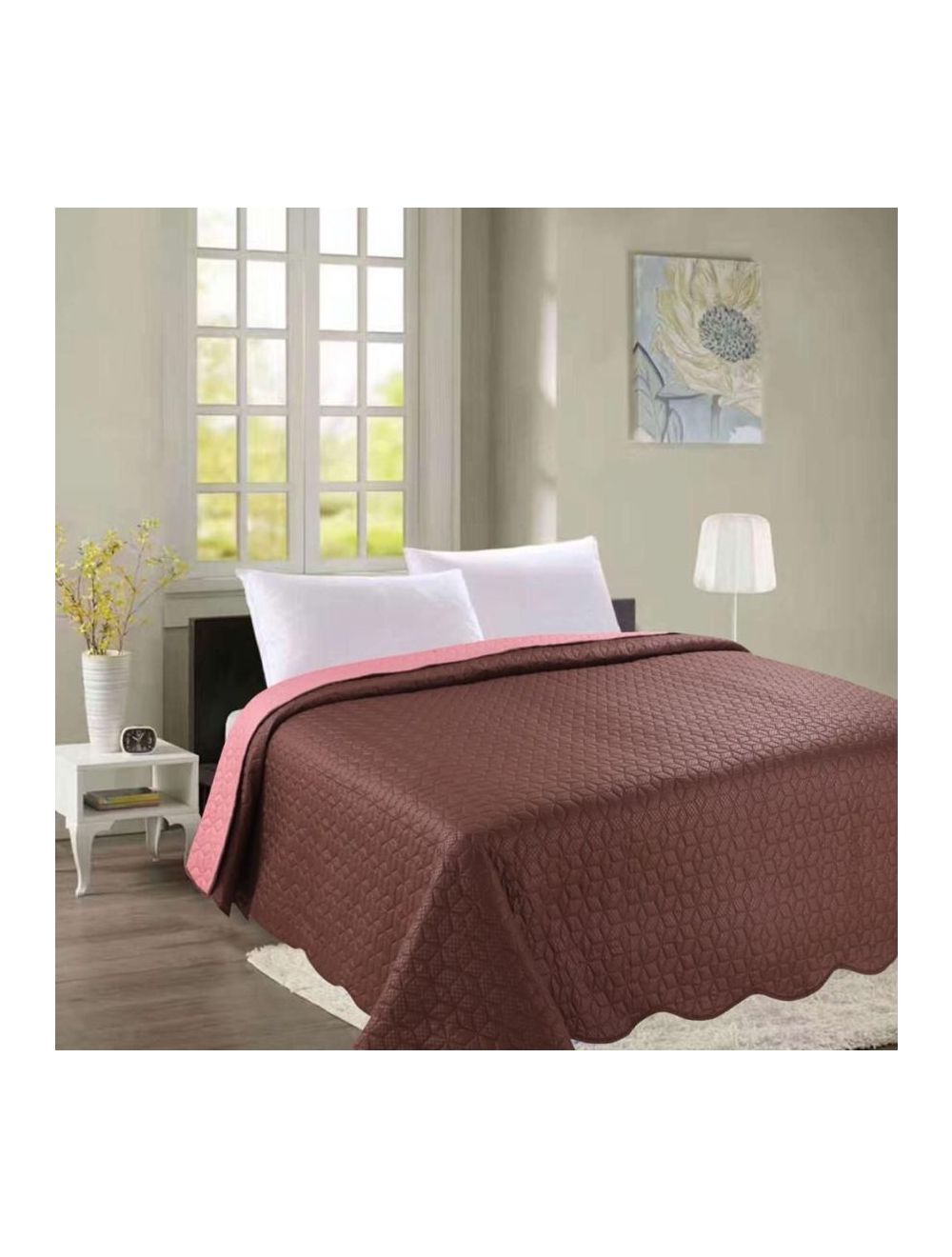 Rahalife 3 Piece Reversible Laser Quilted Bedspread/Quilt Set Polyester Coffee/Pink King-RLBS/K3/24
