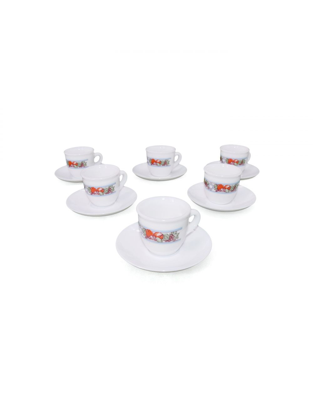 Coffee Cup and Saucer Flower Design In Middle- White 12 Pieces Set