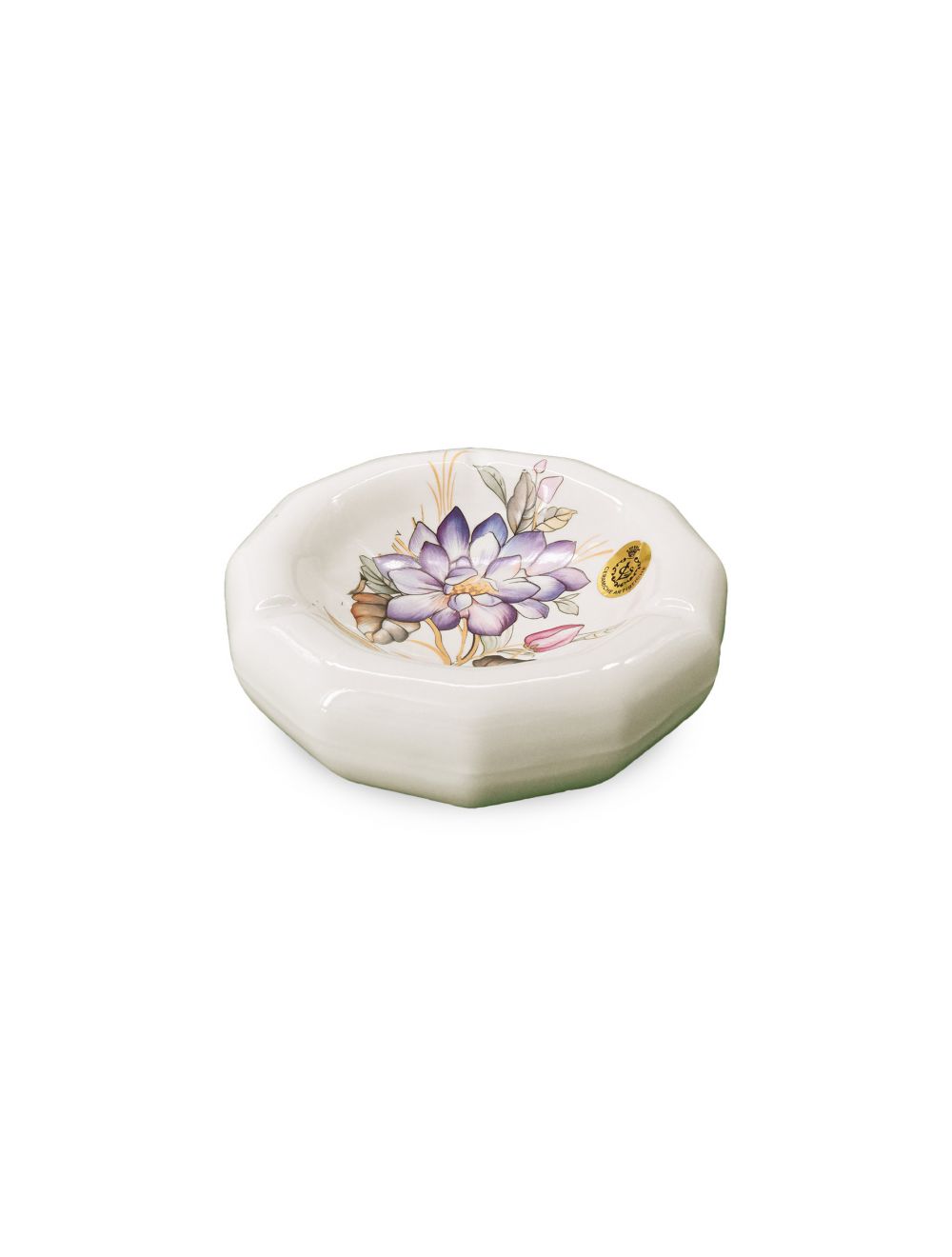 White Ceramic Ashtray With Flower Design