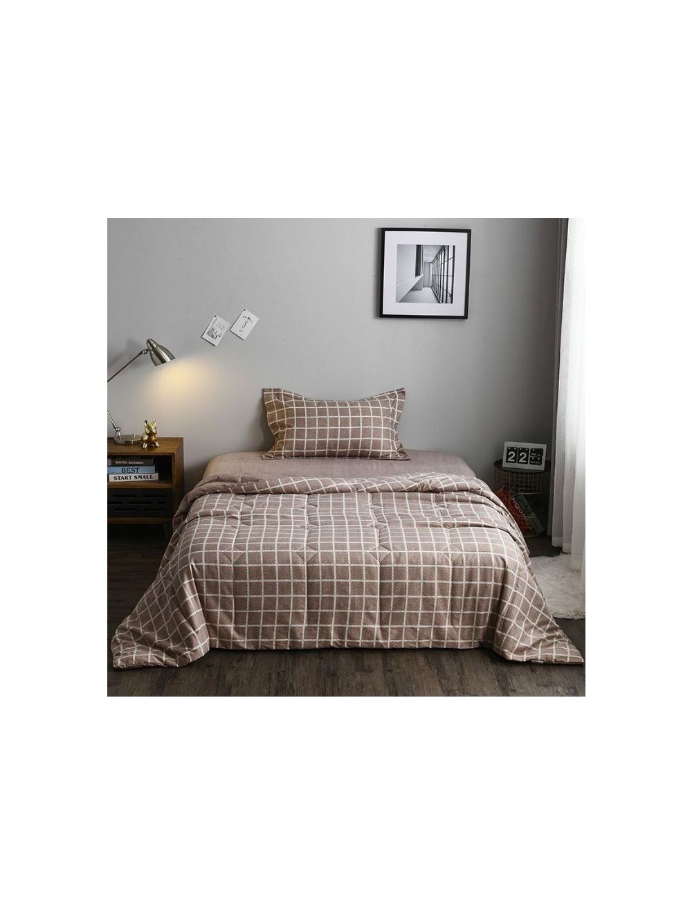 Rishahome 3 Piece Comforter Set (1 comforter+1 fitted sheet+1 Large pillow case) Microfibre Gingham Squares Single-GSSMH/03/60