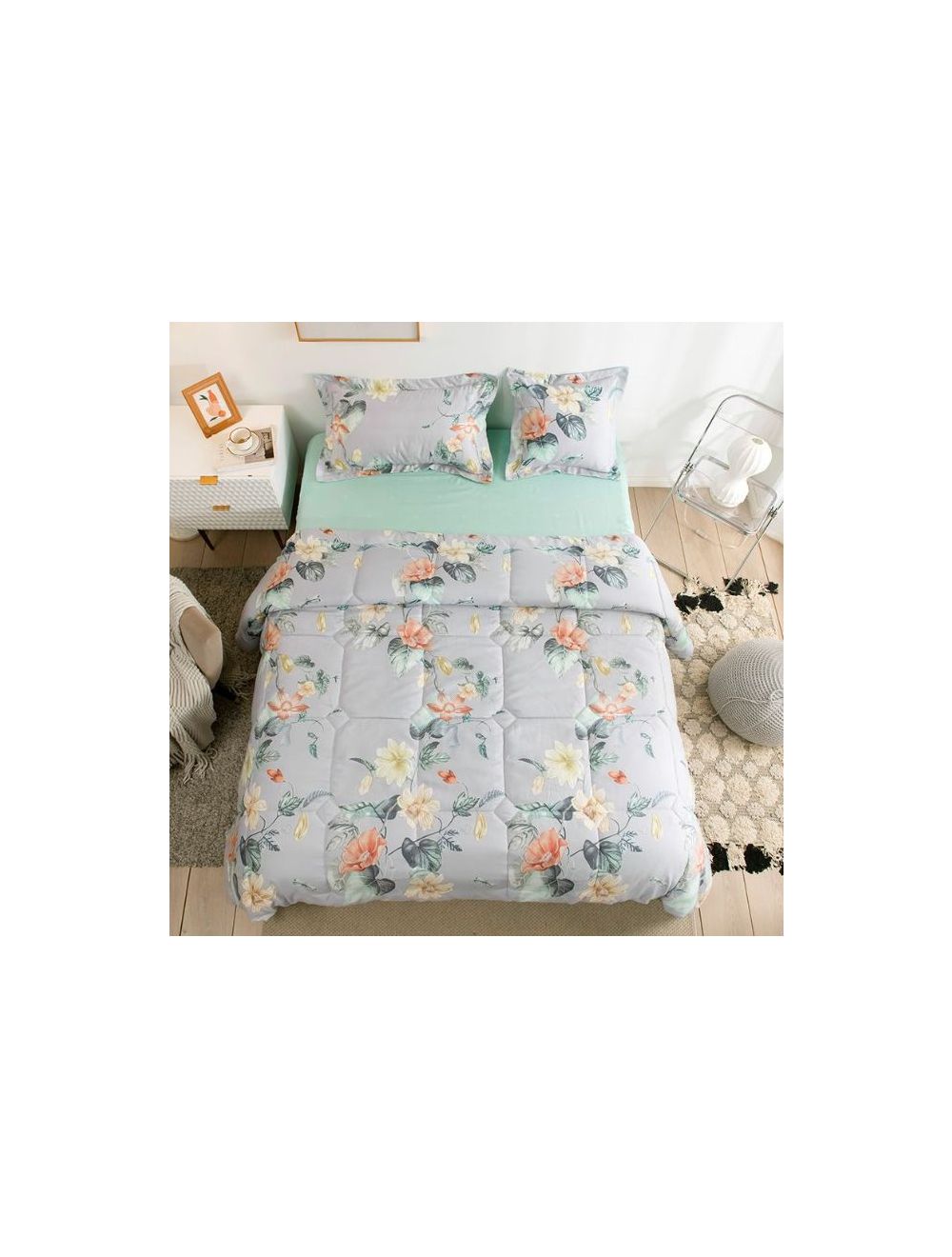 RISHAHOME 4 Piece Twin Size Comforter Set (1 comforter+1 fitted sheet+1 Large pillowcase+1 medium pillowcase) Microfibre Gingham 160x210 cm-GHSMH/04/101
