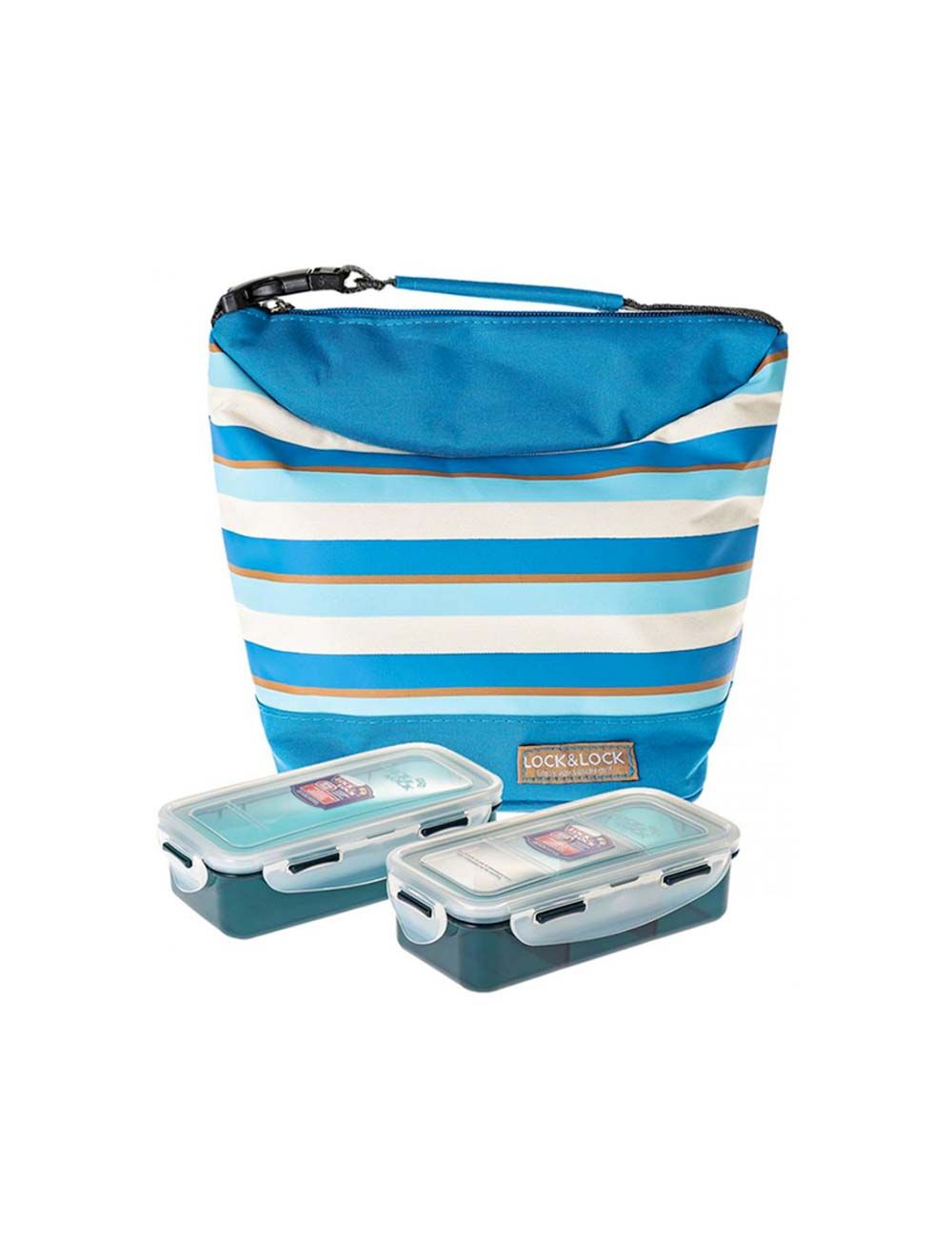 Lock & Lock Lunch Box 3pc-Set - 1pc Stripe Bag Blue, 2pcs Food Container-HPL758S2SB