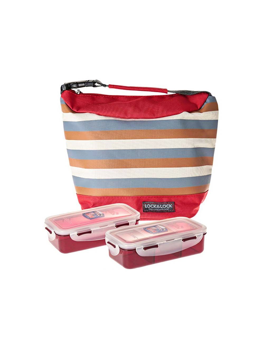 Lock & Lock Lunch Box 3pc-Set - 1pc Stripe Bag Red, 2pcs Food Container-HPL758S2SR