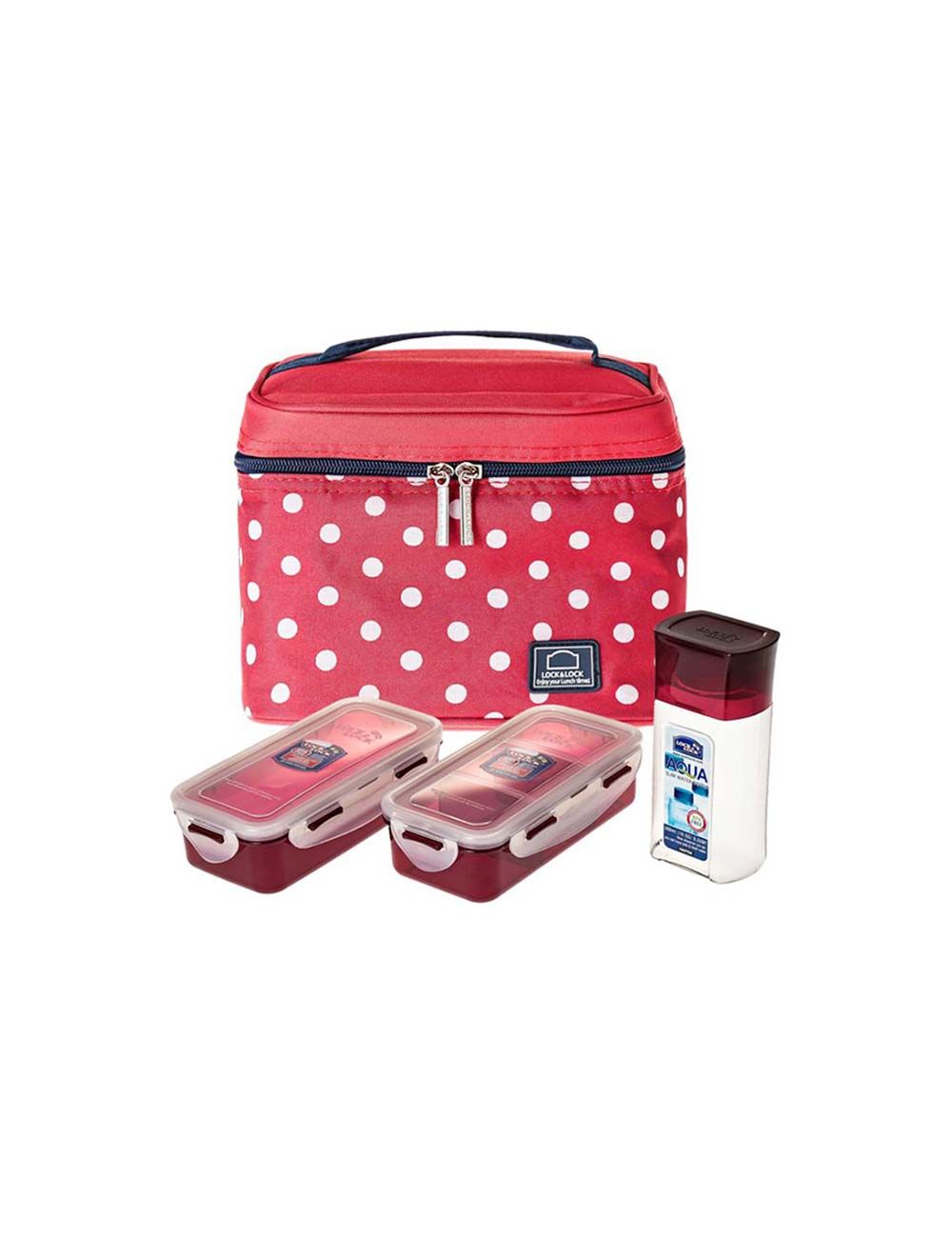 Lock & Lock Lunch Box 4pc-Set - 1pc Dotted Bag Red, 2pcs Food Container, 1pc Water Bottle-HPL758S3DR