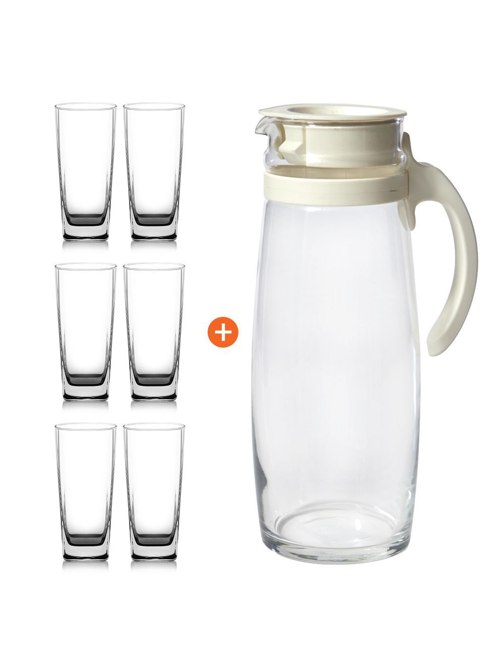 Combo of Ocean 6 Pieces Plaza Hi Ball Glass Set With Heat Resistant Divano Pitcher Clear 320ml -B1101106+V2055801G0044