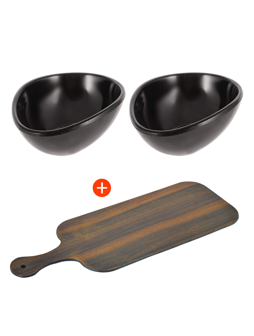 Combo Of Dinewell Rectangle Serving Bat Tray With 2 Piece Black Serving Bowls-DWMP042+DWC2014B