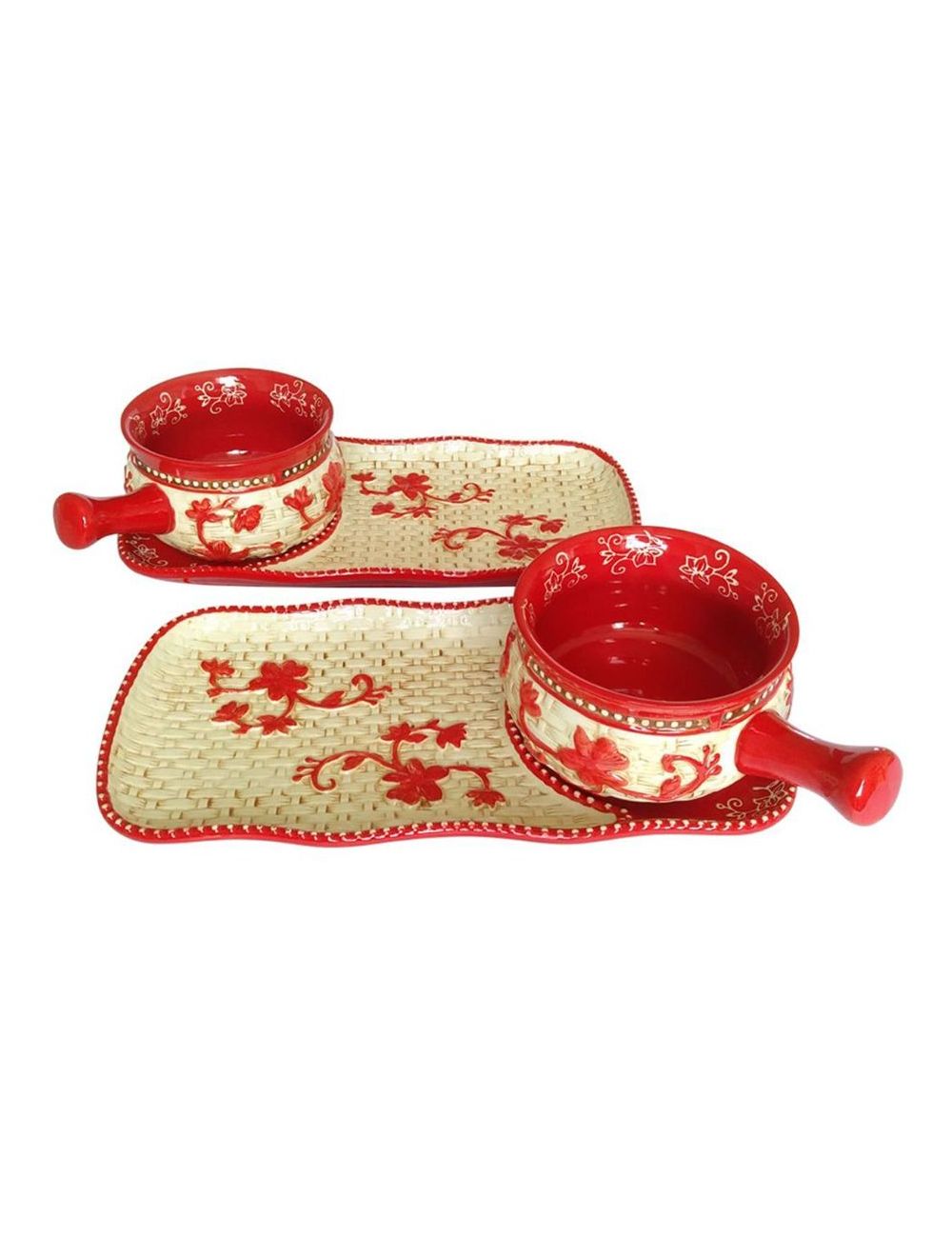 Temp-tations Floral Lace Basketweave Bowl & Appetizer Plate Set - 4 Piece-T48493-red